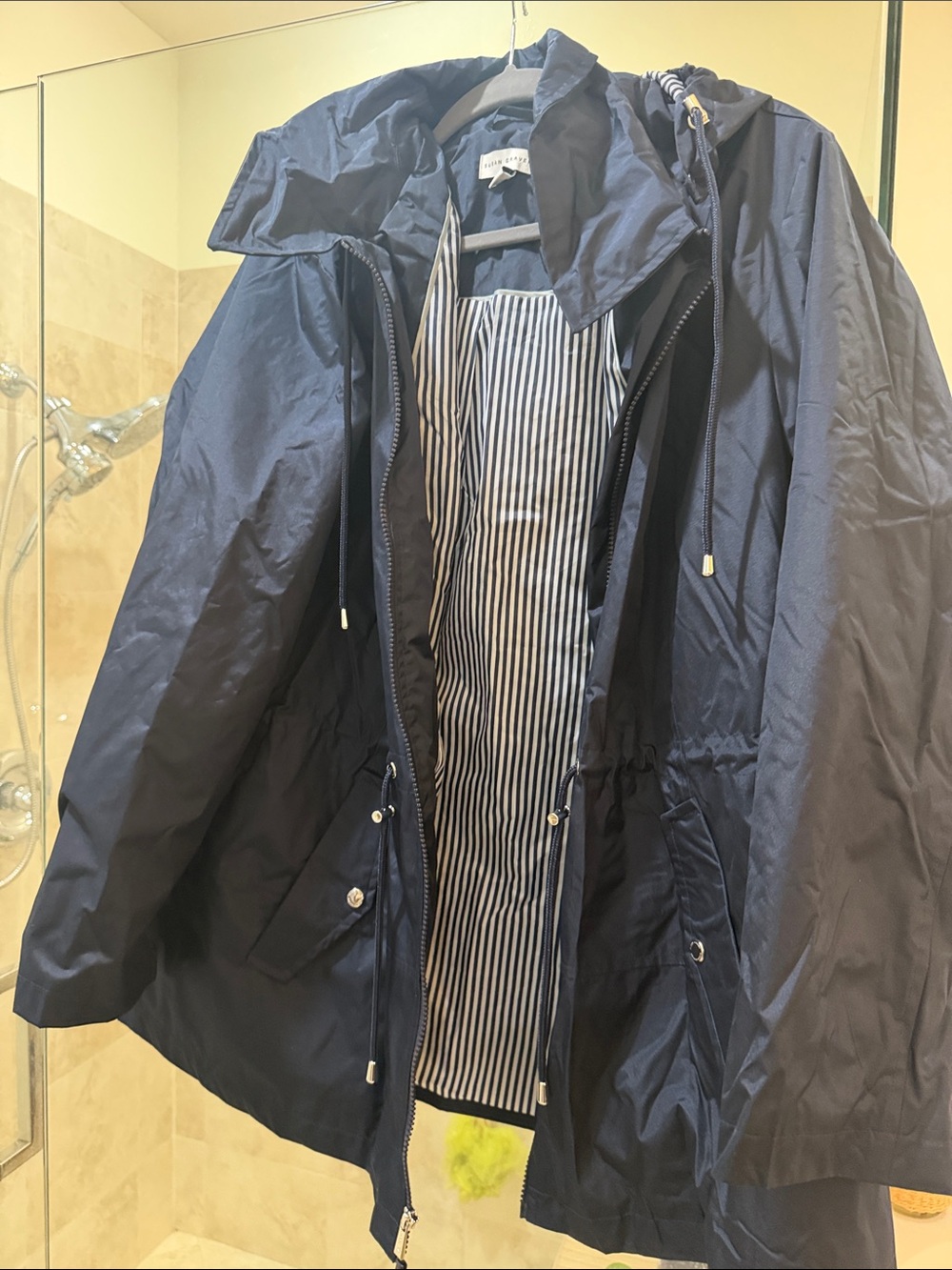 Susan Graver Navy Hooded Trench with Striped Lining